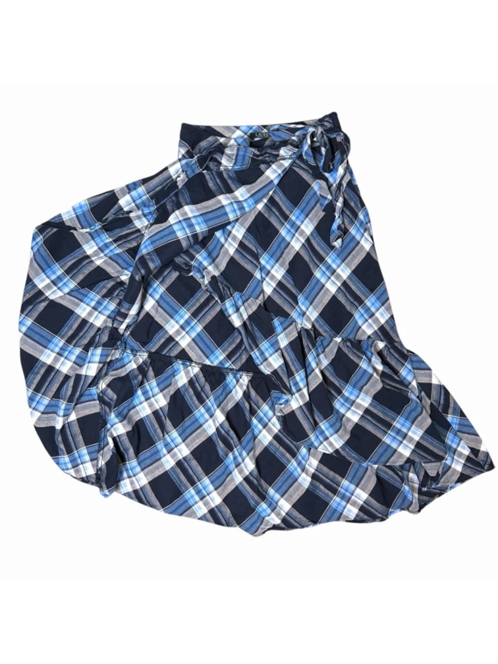 Lauren Ralph Lauren Blue Plaid Linen Blend Wrap Midi Skirt Bow Tie Size 2 EUC